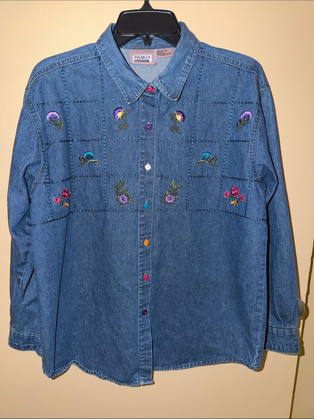 Vintage Premier International Denim Button-Down Shirt with Floral Embroidery